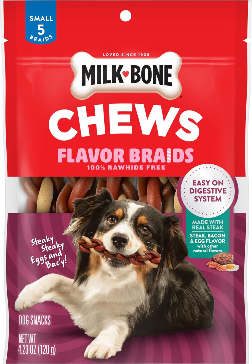 slide 6 of 7, Milk-Bone Steaky Steaky Eggs & Bac′y Flavor Braids, Rawhide Free Dog Chews, Small Long-Lasting Dog Treats, Bag of 5, 4.23 oz