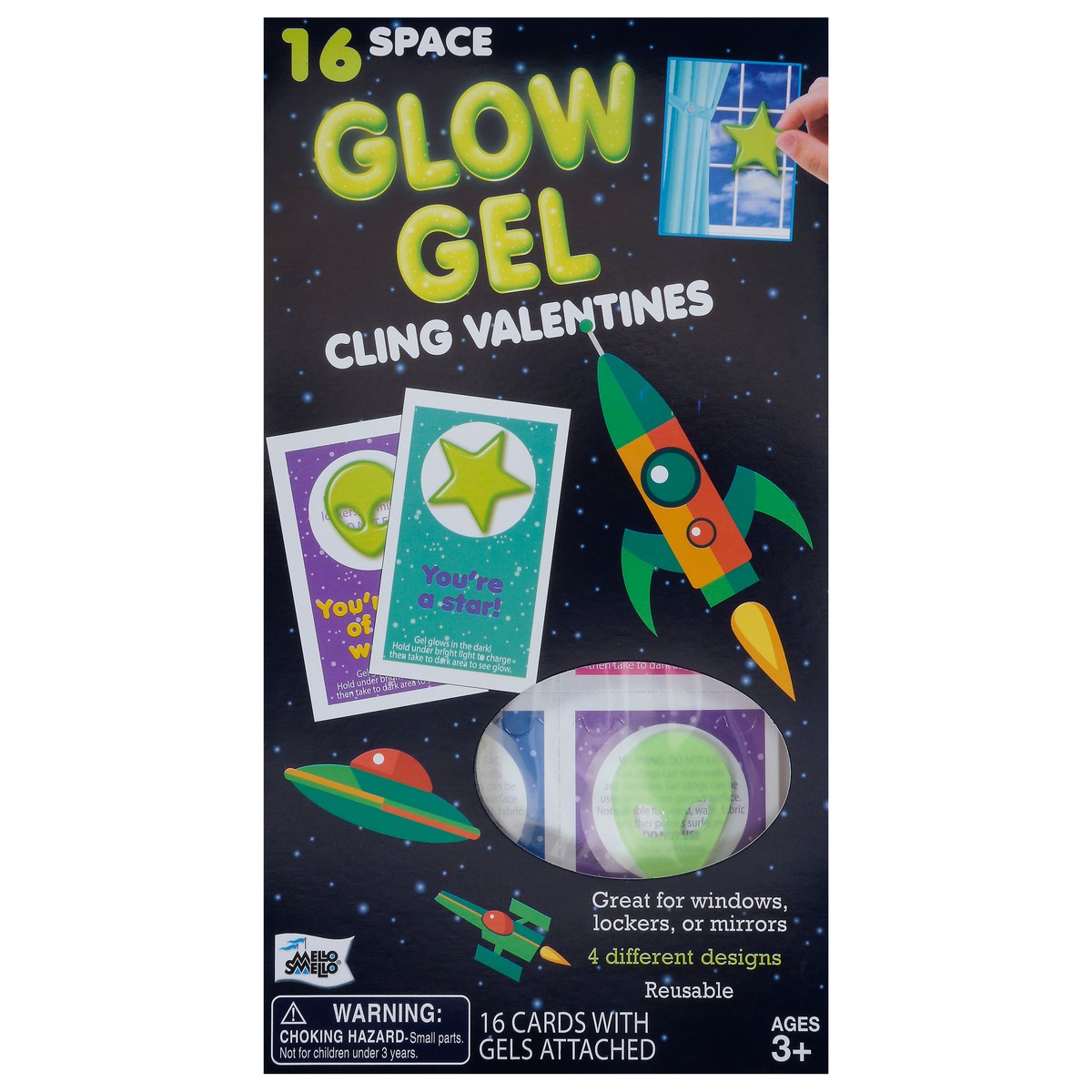 slide 11 of 11, Mello Smello Ages 3+ Glow Gel Space Cling Valentines 16 ea, 16 ct
