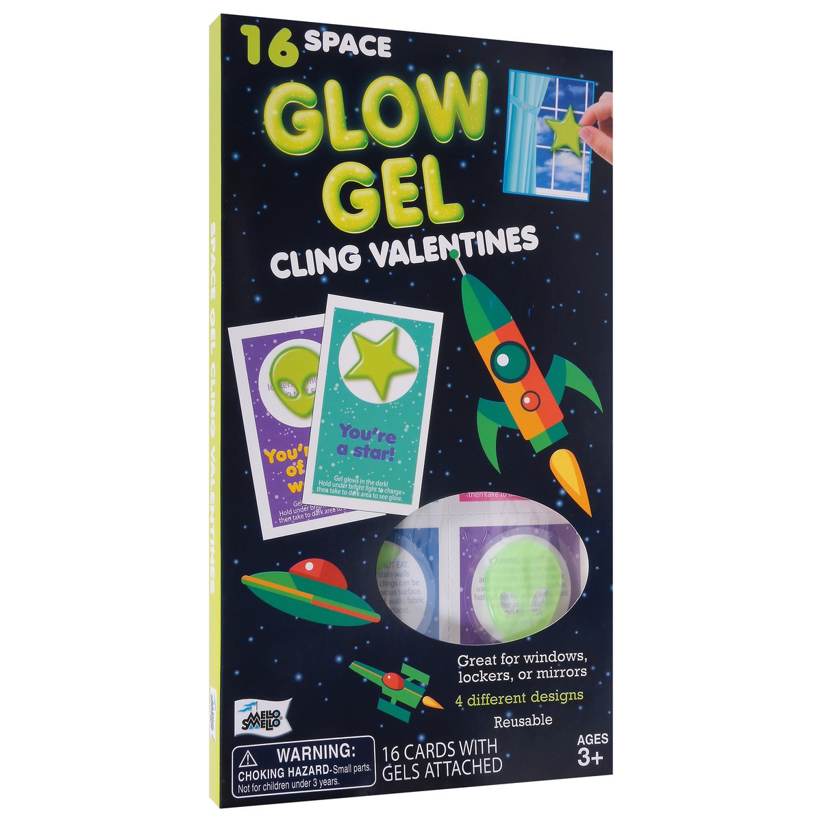 slide 10 of 11, Mello Smello Ages 3+ Glow Gel Space Cling Valentines 16 ea, 16 ct