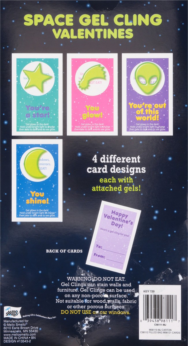 slide 5 of 11, Mello Smello Ages 3+ Glow Gel Space Cling Valentines 16 ea, 16 ct