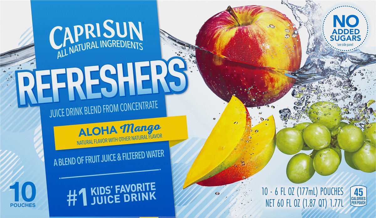 slide 4 of 10, Capri Sun No Added Sugar Aloha Mango Fruit Refreshers Juice Drink, 10 ct - Pouches, 60.0 fl oz Box - 60 fl oz, 60 fl oz