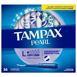 Tampax Pearl Tampons, with LeakGuard Braid, Light Absorbency, Unscented, 36 Count