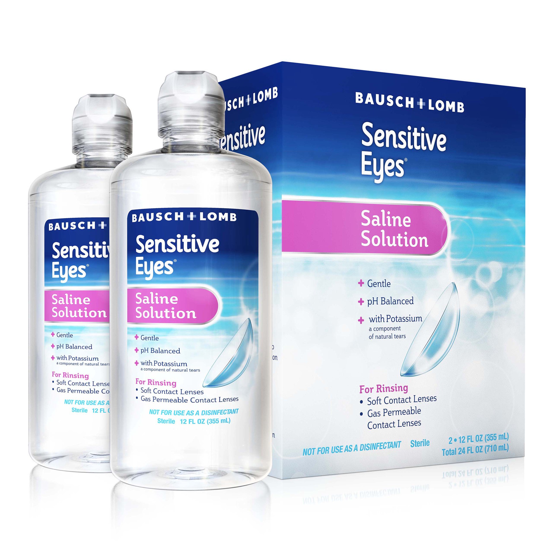 slide 1 of 2, Sensitive Eyes Saline Solution from Bausch & Lomb, for Soft Contact & Gas Permeable Lenses, Saline Solution with Potassium, 2 x 12 Fl Oz (710 mL), 24 fl oz