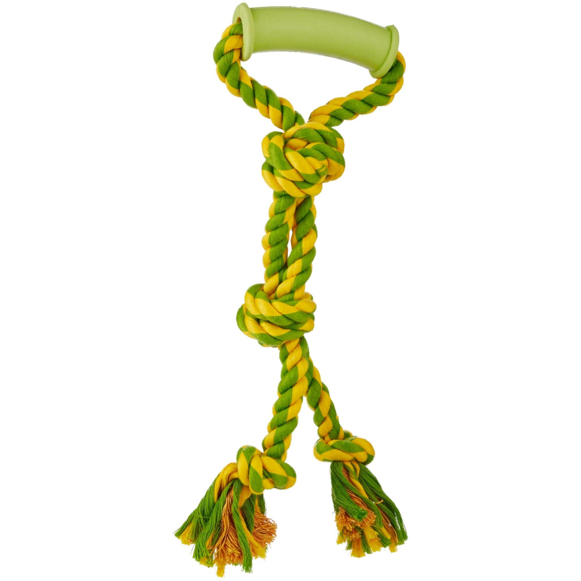 slide 1 of 1, Leaps & Bounds Toss and Tug Twin Knot Dog Toy With Handle in Assorted Colors, MED