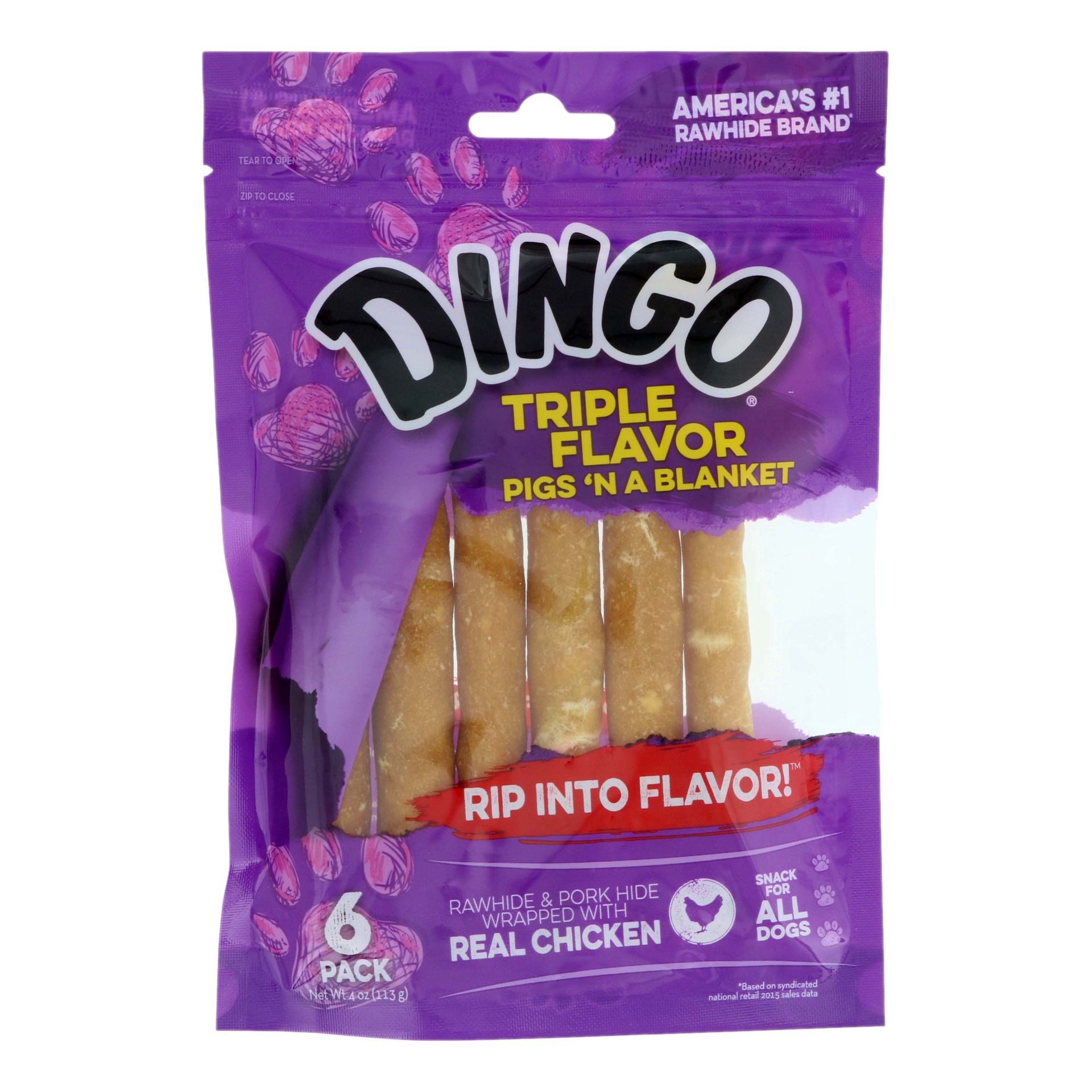 slide 1 of 1, Dingo Pigs 'n a Blanket Snack For All Dogs, 4 oz