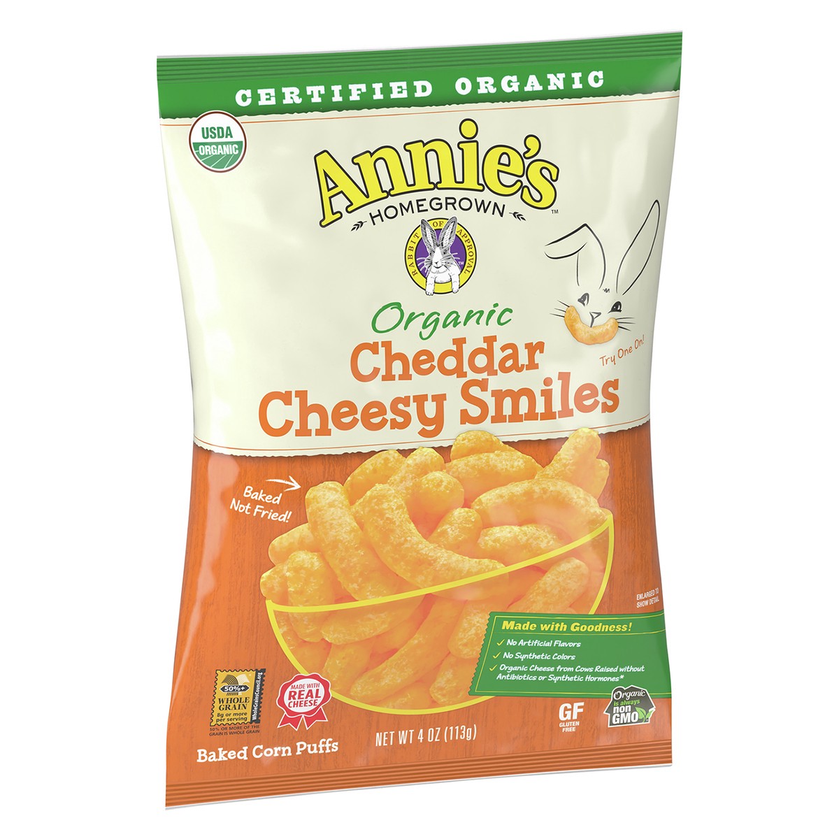slide 3 of 12, Annie's Organic Cheddar Cheesy Smiles, Baked Corn Puffs, Gluten Free, 4 oz, 4 oz