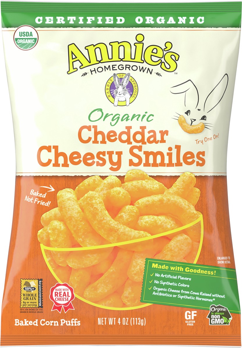 slide 10 of 12, Annie's Organic Cheddar Cheesy Smiles, Baked Corn Puffs, Gluten Free, 4 oz, 4 oz