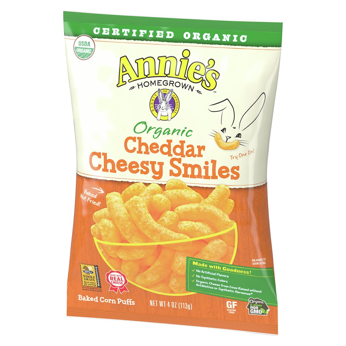 slide 4 of 12, Annie's Organic Cheddar Cheesy Smiles, Baked Corn Puffs, Gluten Free, 4 oz, 4 oz