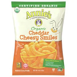 Annie's Organic Cheddar Cheesy Smiles, Baked Corn Puffs, Gluten Free, 4 oz