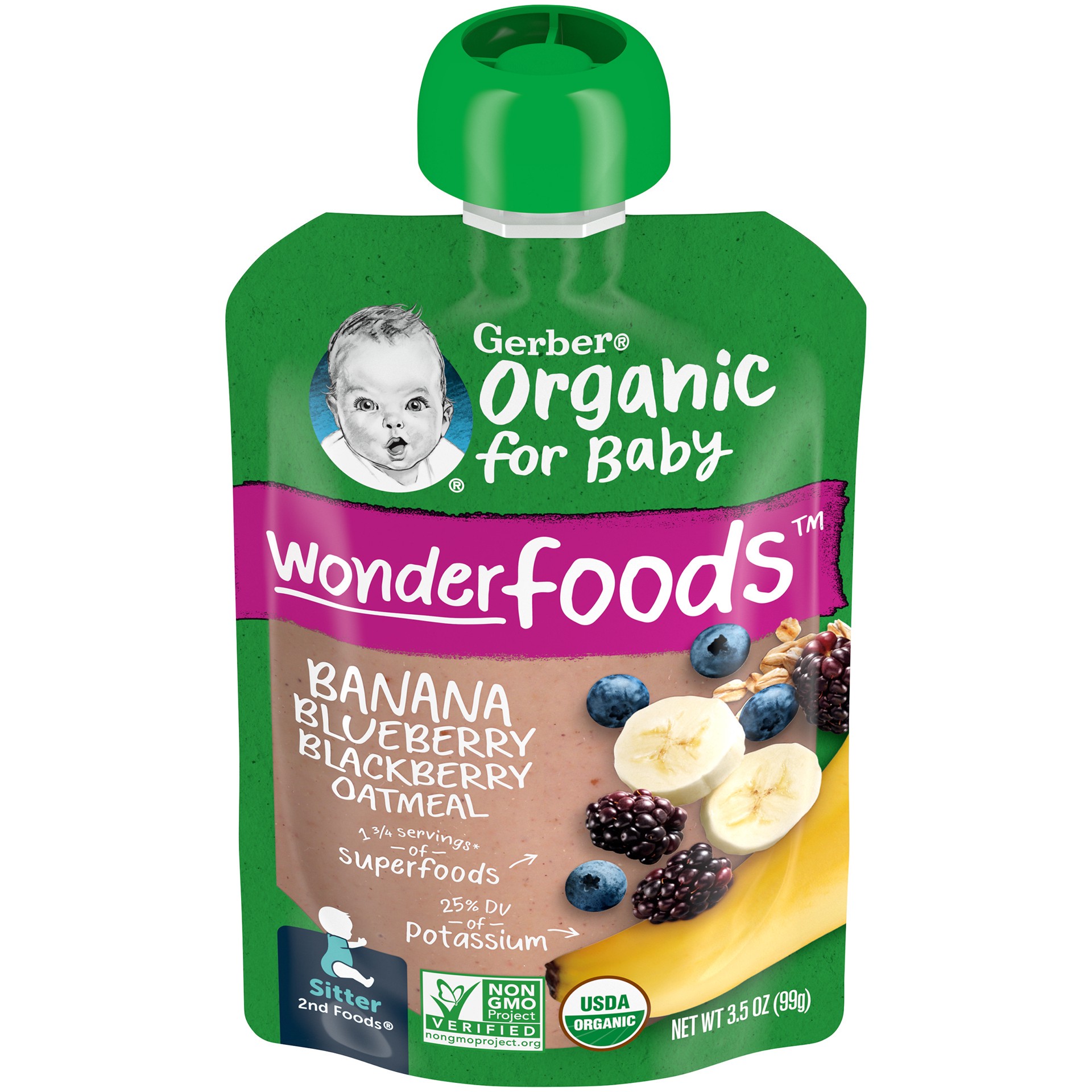 slide 1 of 9, Gerber 2nd Foods Organic for Baby Wonder Foods Baby Food, Banana Blueberry Blackberry Oatmeal, 3.5 oz Pouch, 3.5 oz