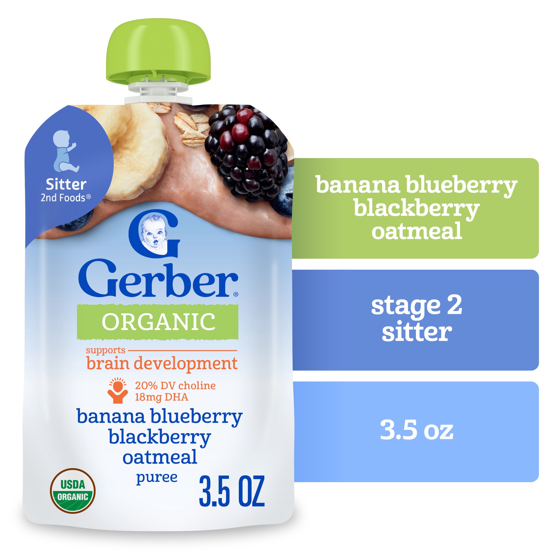 slide 1 of 9, Gerber Stage 2 Baby Food, Organic Banana Blueberry Blackberry Oatmeal, Baby Puree, 3.5 oz