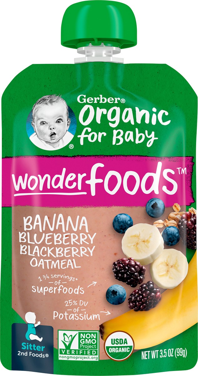 slide 3 of 9, Gerber® banana, blueberry, blackberry, oatmeal, organic pouch, 3.5 oz