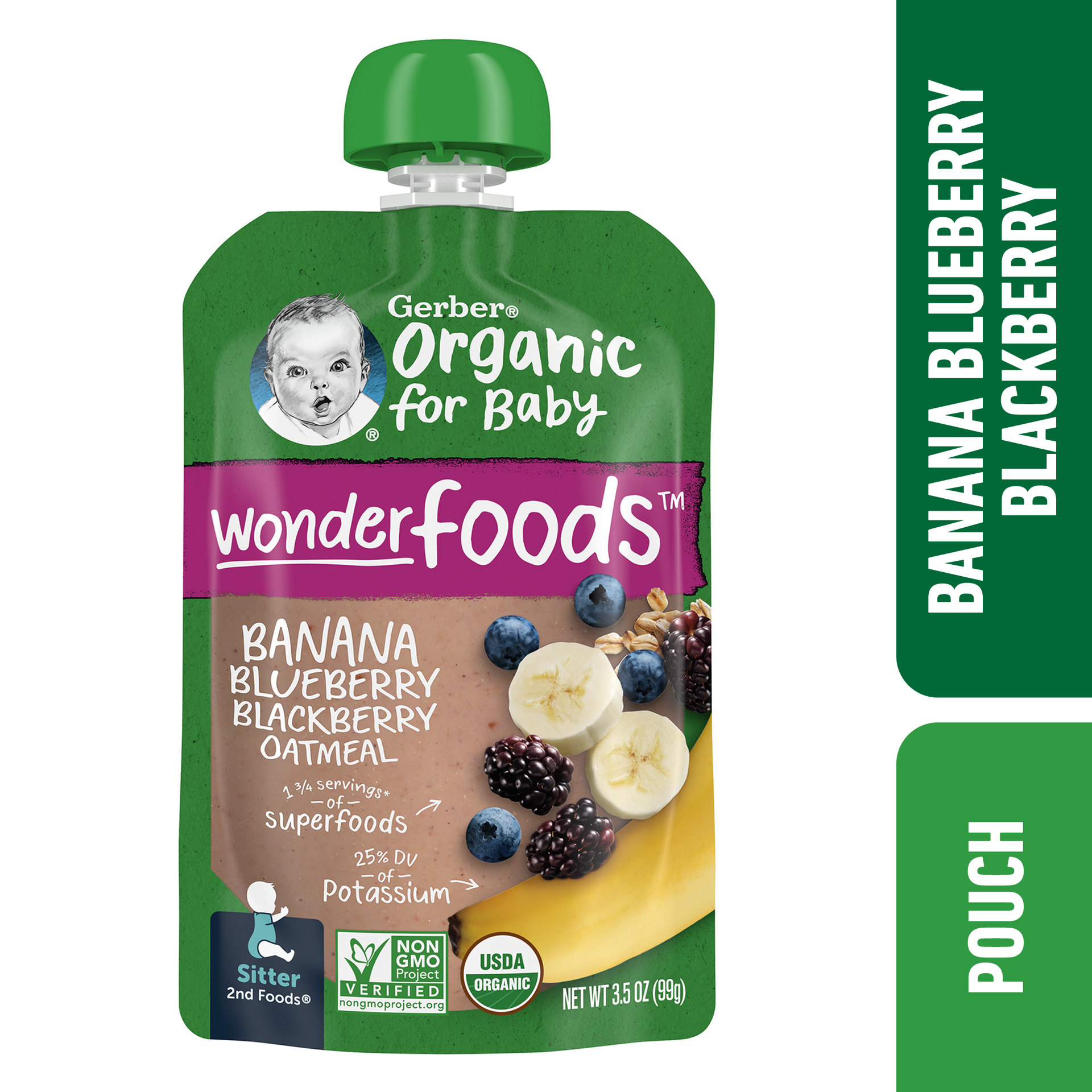 slide 1 of 9, Gerber Organic Stage 2 Baby Food, Banana Blueberry Blackberry Oatmeal Puree, 3.5 oz Pouch, 3.5 oz