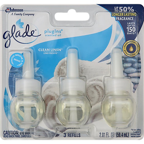 slide 1 of 1, Glade Plugins Scented Oil Refill Clean Linen Essential Oil Infused Plug In Pack Of 3, 2.01 fl oz