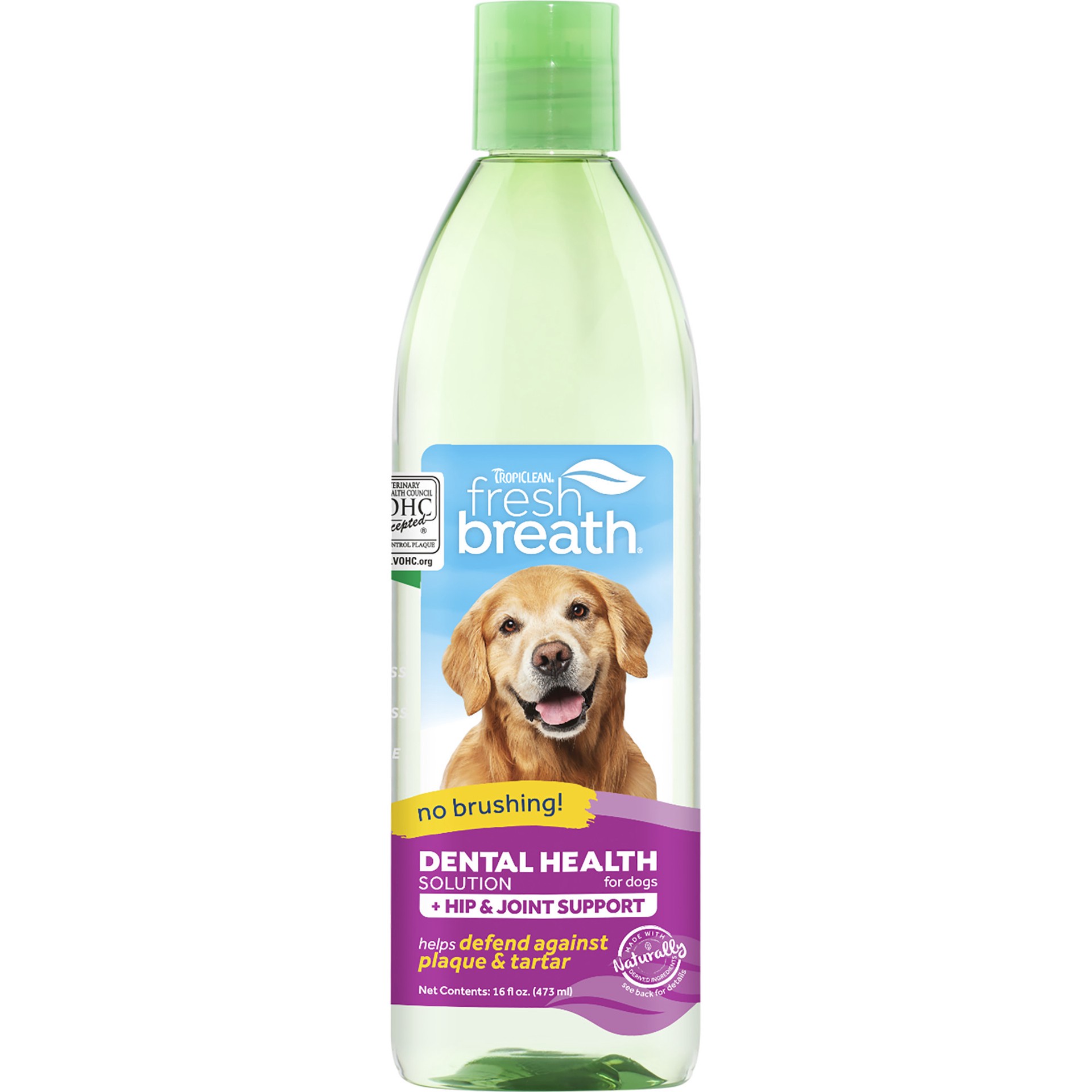 slide 1 of 10, TropiClean Fresh Breath Dental Health Solution Plus Hip & Joint for Dogs, 16oz, 16 oz