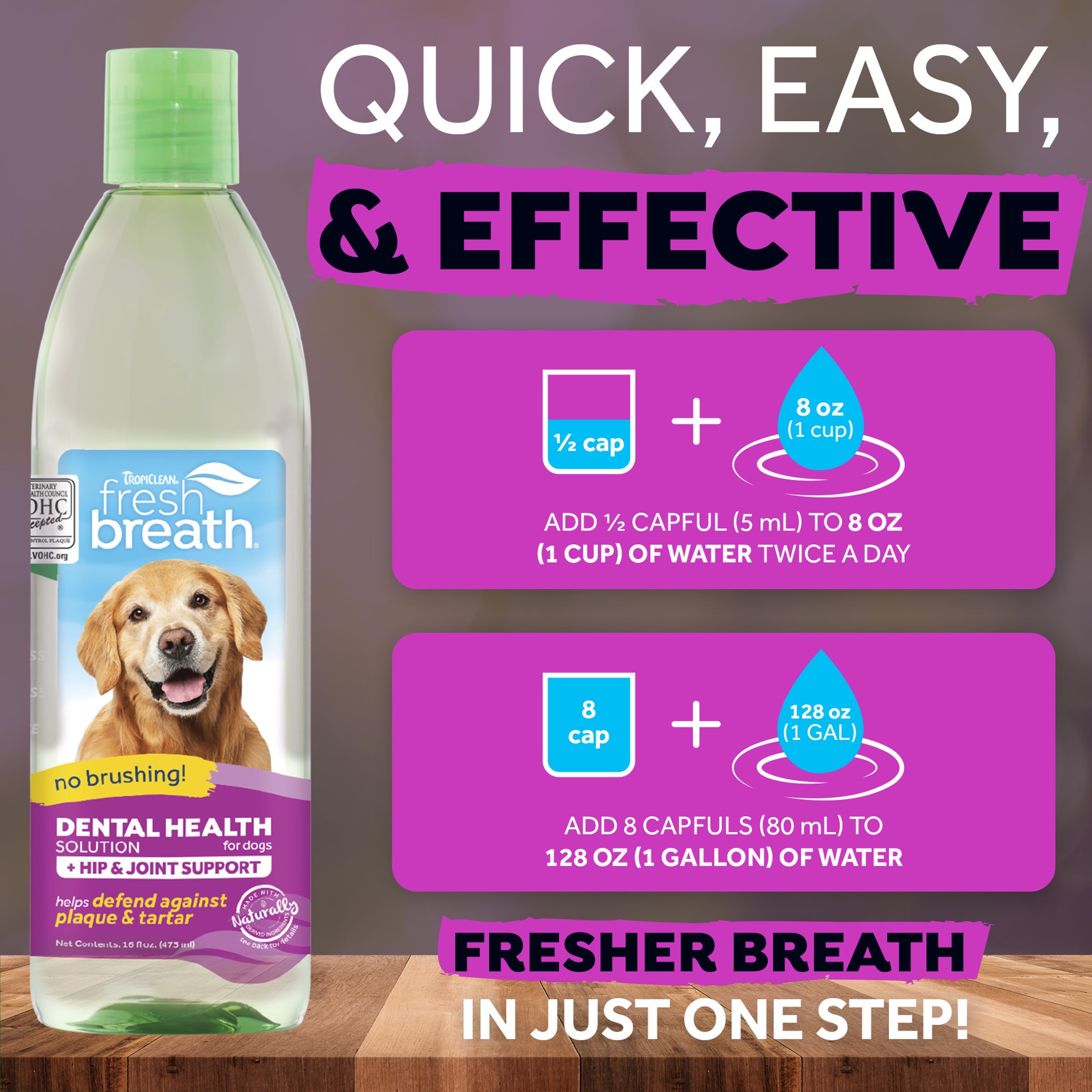 slide 9 of 10, TropiClean Fresh Breath Dental Health Solution Plus Hip & Joint for Dogs, 16oz, 16 oz