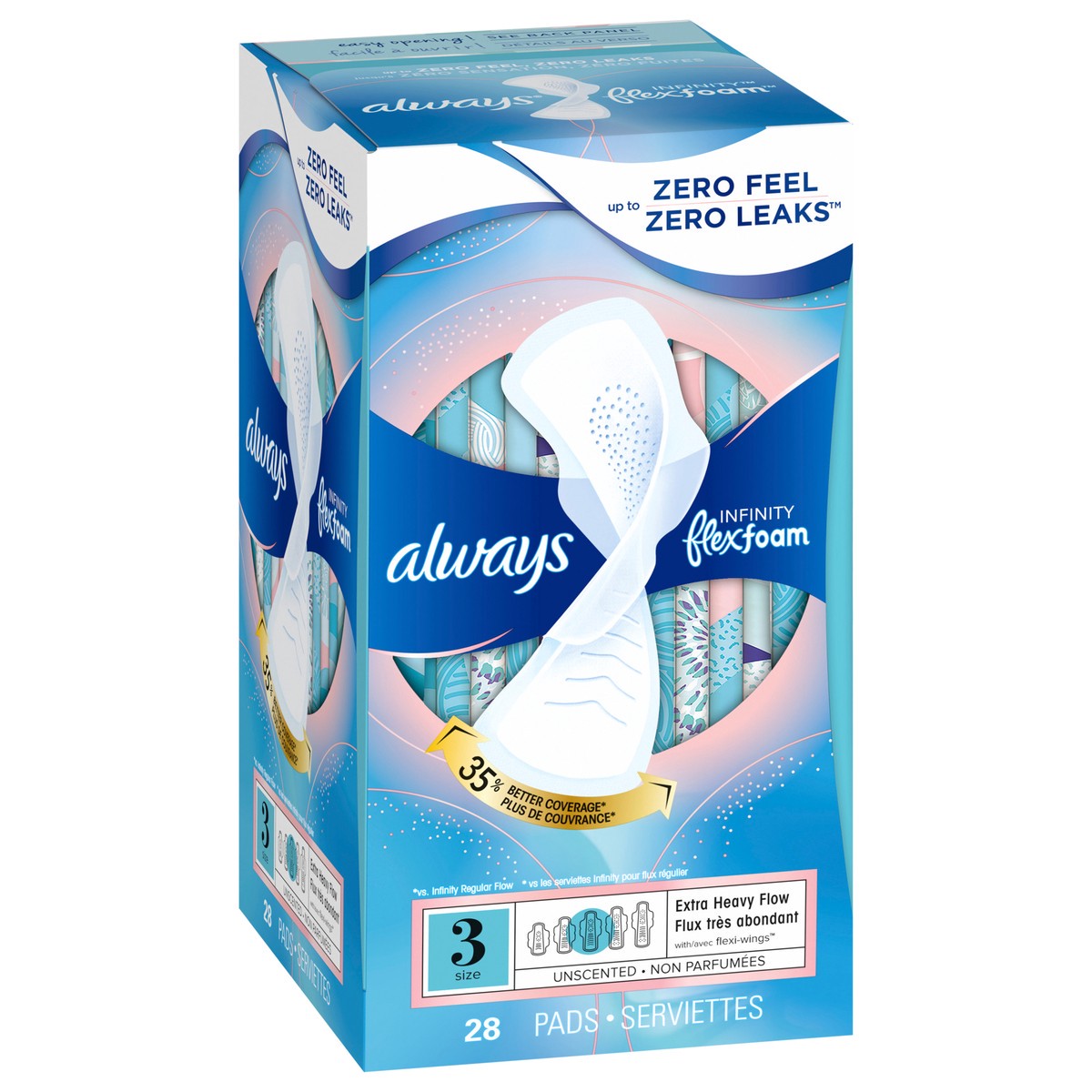 slide 3 of 9, Always Infinity Feminine Pads for Women, Size 3, Extra Heavy Flow, with wings, Unscented, 28 CT, 28 ct