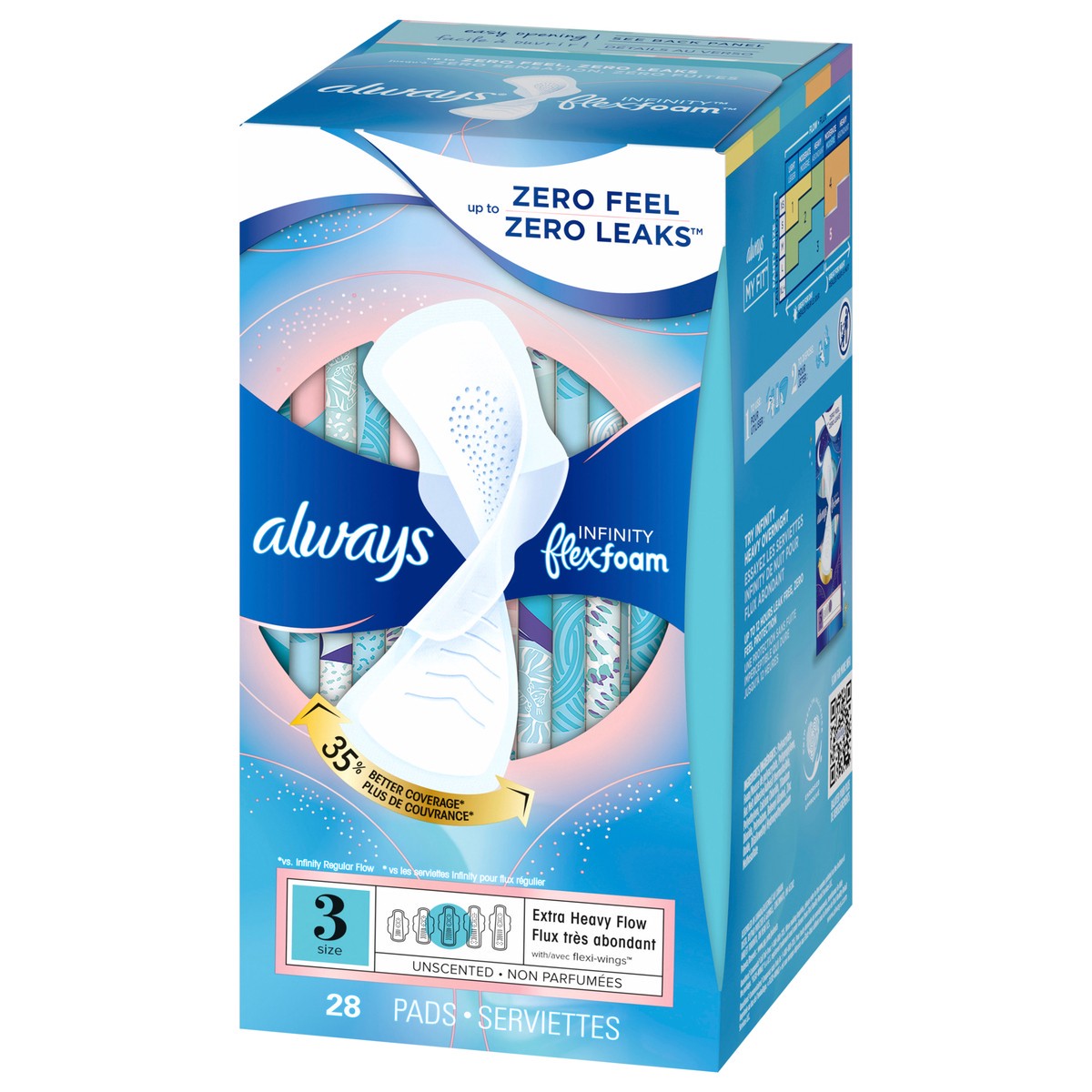 slide 2 of 9, Always Infinity Feminine Pads for Women, Size 3, Extra Heavy Flow, with wings, Unscented, 28 CT, 28 ct