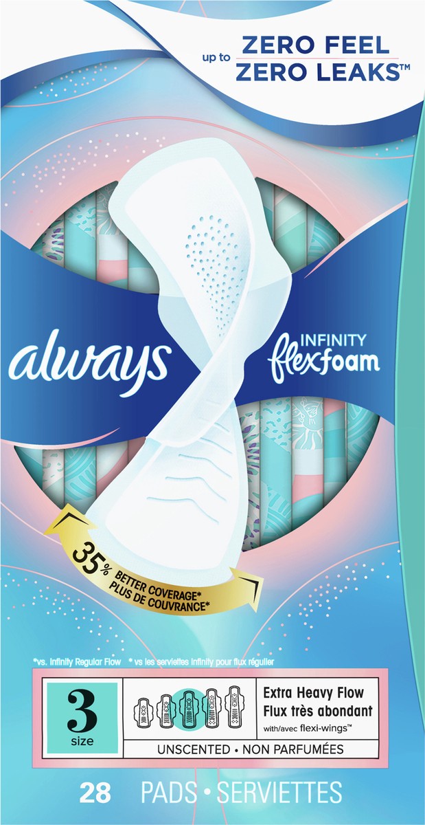 slide 9 of 9, Always Infinity Feminine Pads for Women, Size 3, Extra Heavy Flow, with wings, Unscented, 28 CT, 28 ct