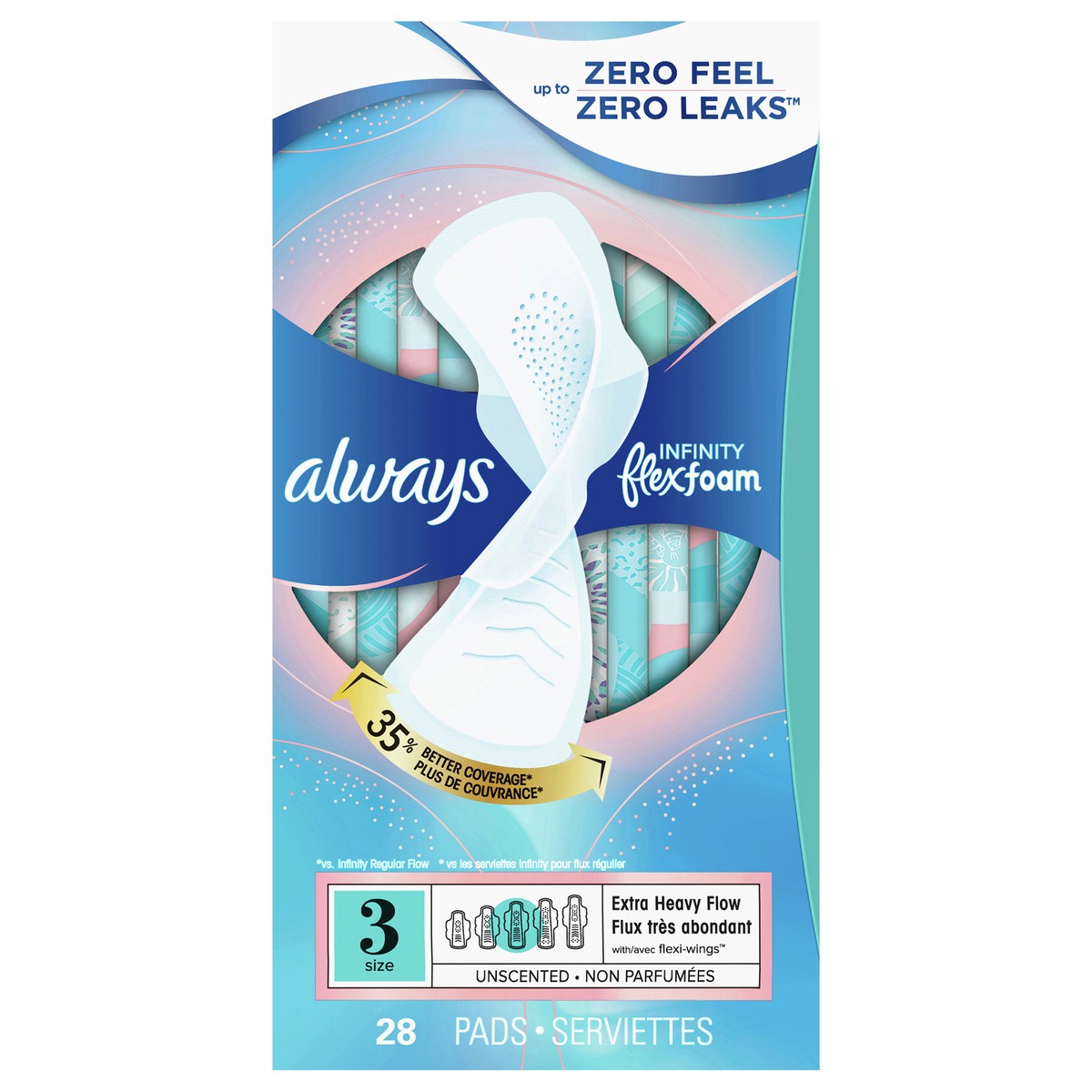 slide 1 of 9, Always Infinity Feminine Pads for Women, Size 3, Extra Heavy Flow, with wings, Unscented, 28 CT, 28 ct