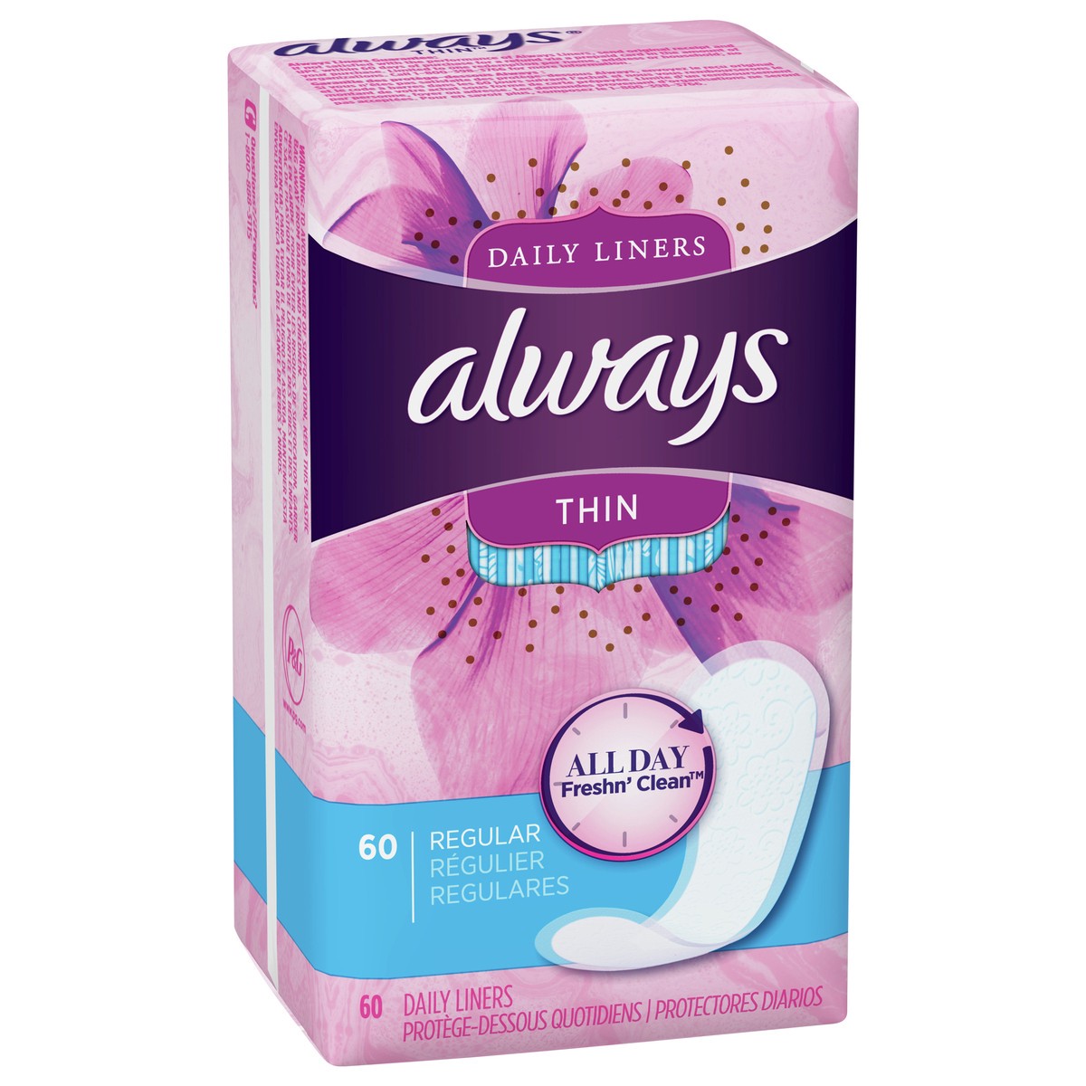 slide 2 of 4, Always Daily Liners Thin Nofeel Protection Regular Unscented, 60 ct