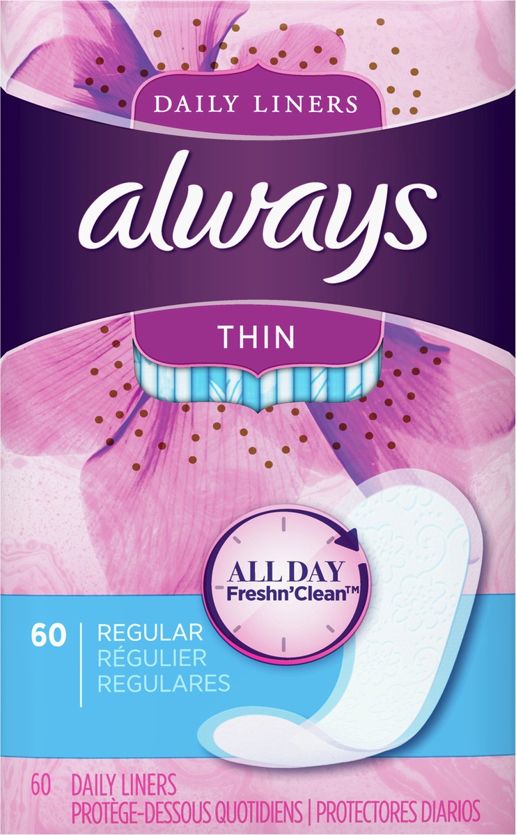 slide 4 of 4, Always Daily Liners Thin Nofeel Protection Regular Unscented, 60 ct