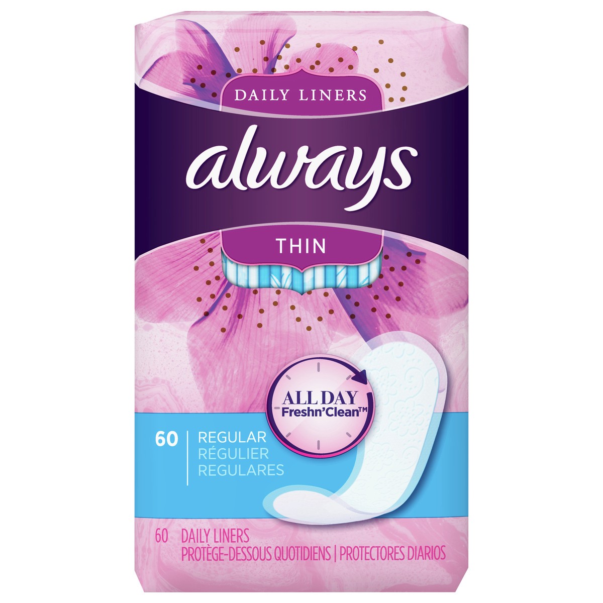 slide 1 of 4, Always Daily Liners Thin Nofeel Protection Regular Unscented, 60 ct