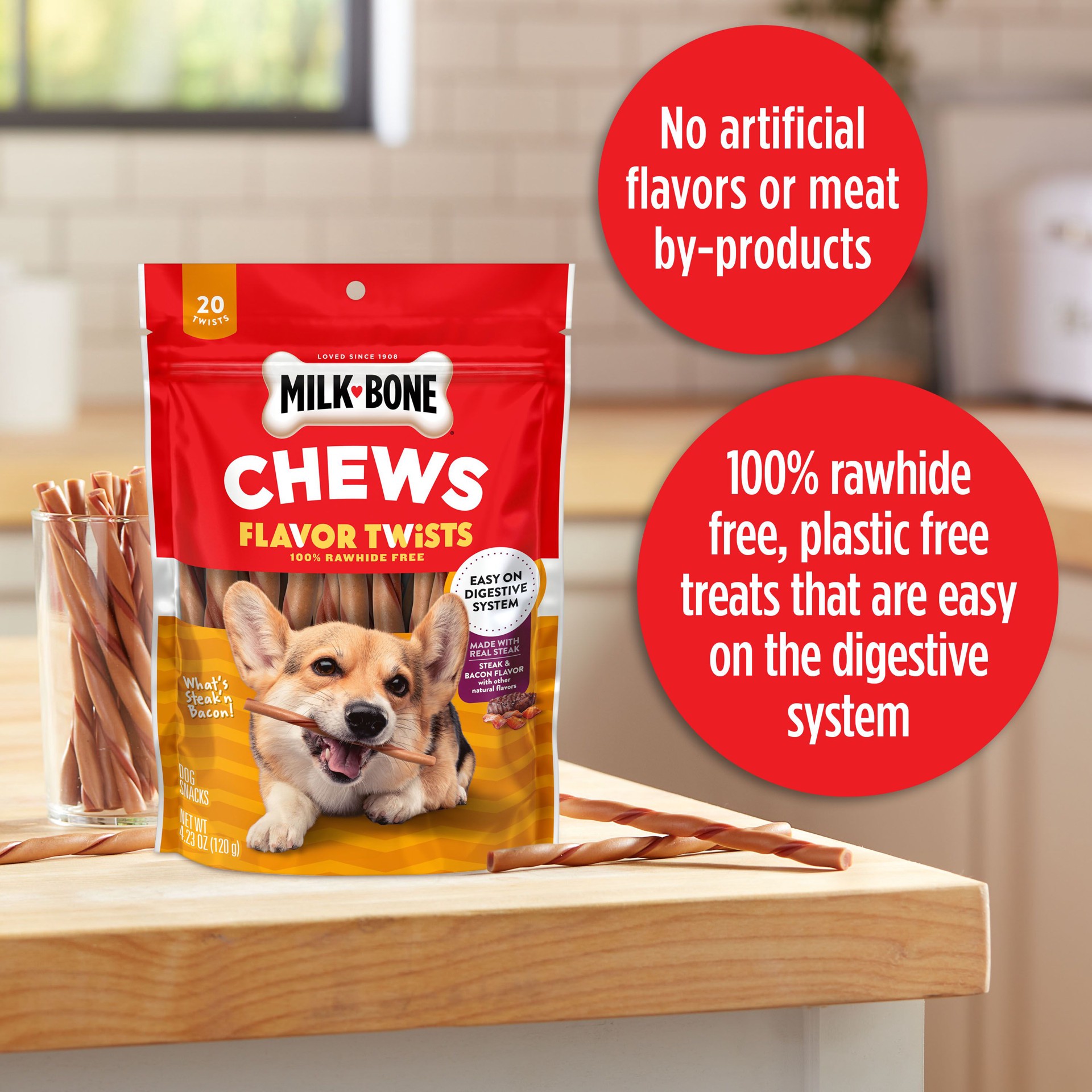 slide 8 of 9, Milk-Bone What′s Steak′n Bacon Flavor Twists, Rawhide Free Dog Chews, Bag of 20, 20 ct
