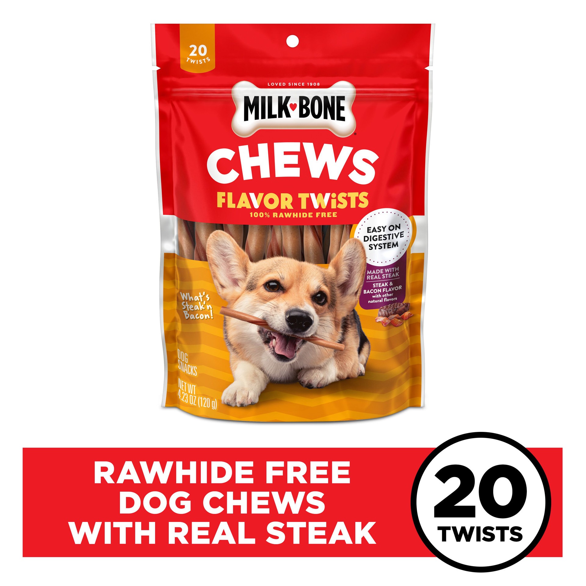 slide 7 of 9, Milk-Bone What′s Steak′n Bacon Flavor Twists, Rawhide Free Dog Chews, Bag of 20, 20 ct