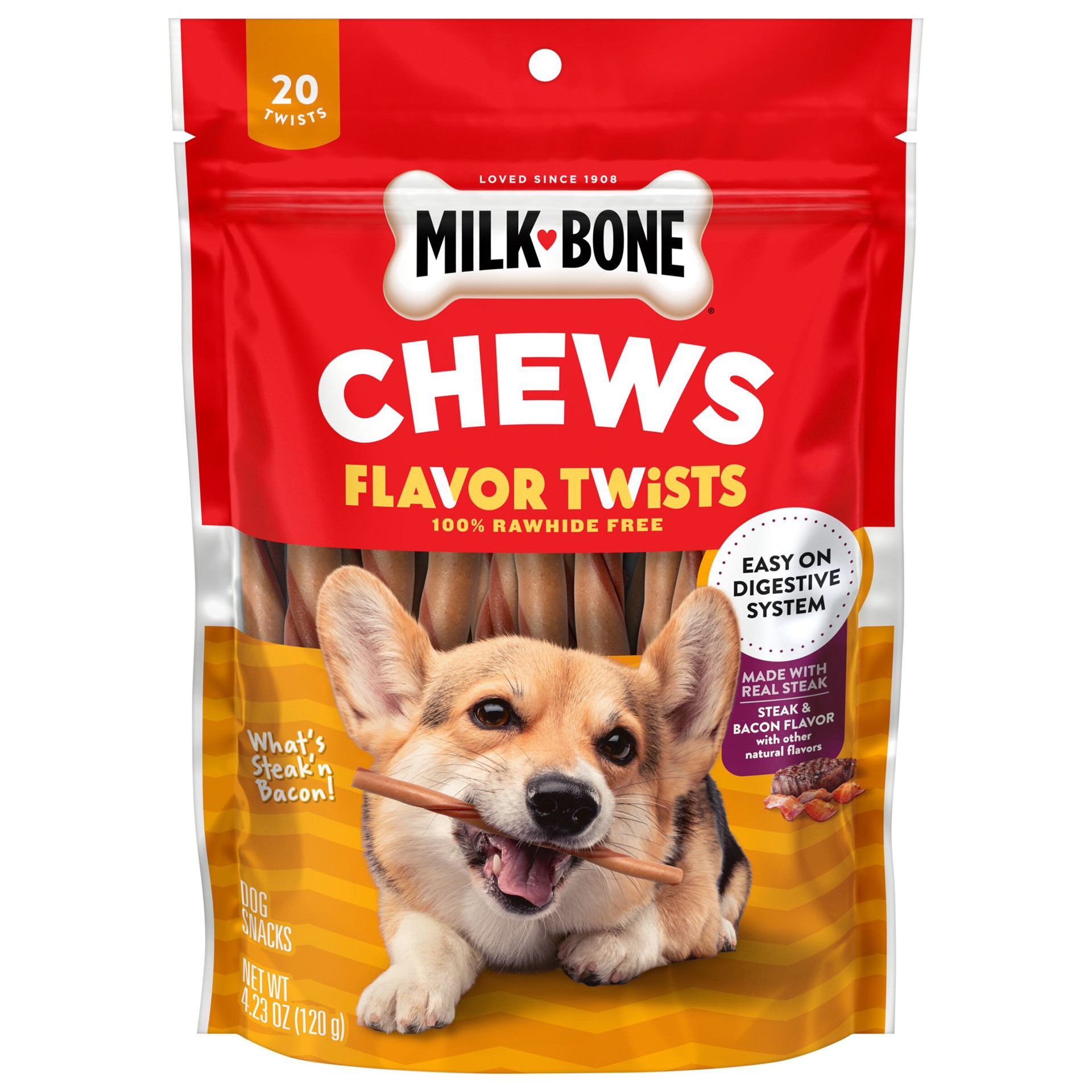 slide 1 of 9, Milk-Bone What′s Steak′n Bacon Flavor Twists, Rawhide Free Dog Chews, Bag of 20, 20 ct
