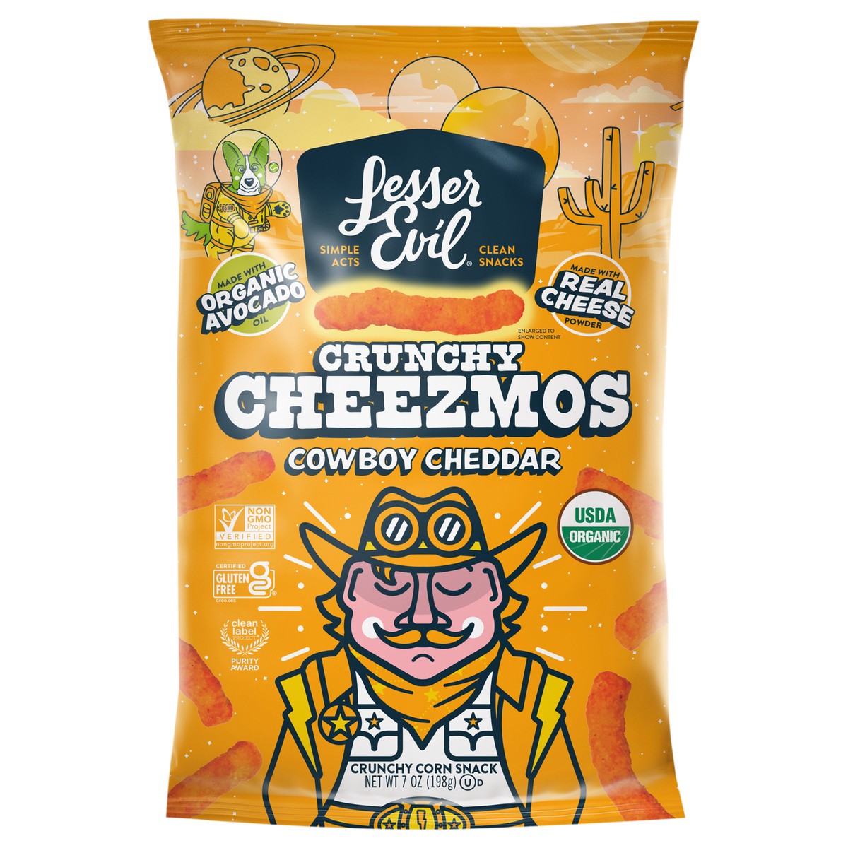 slide 1 of 9, LesserEvil Cheezmos, Cowboy Cheddar 7 oz,