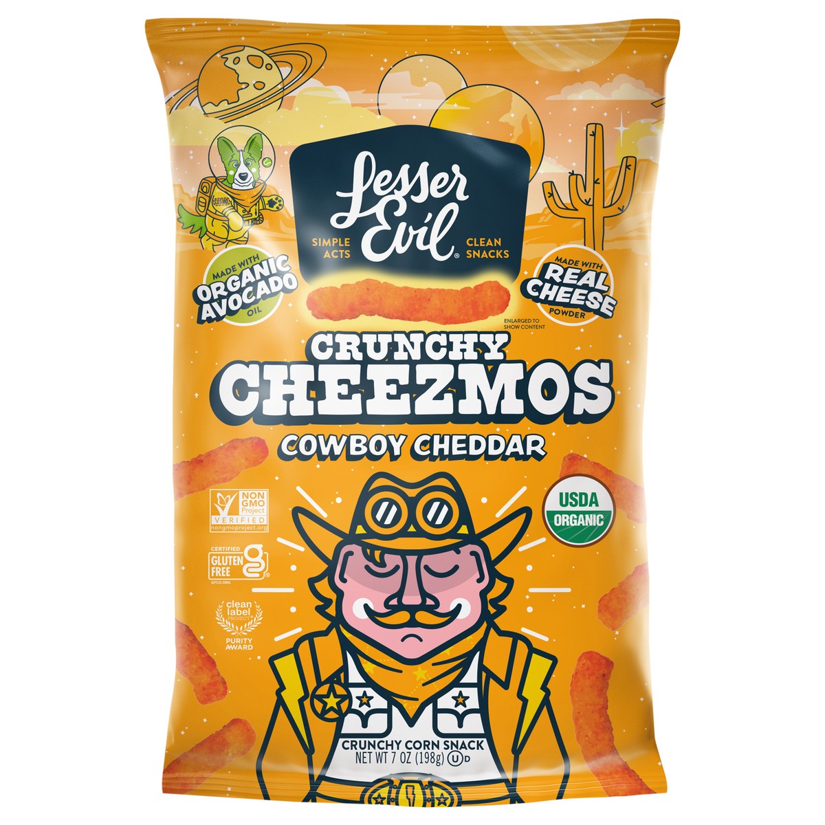 slide 1 of 9, LesserEvil Cheezmos, Cowboy Cheddar 7 oz, 7 oz