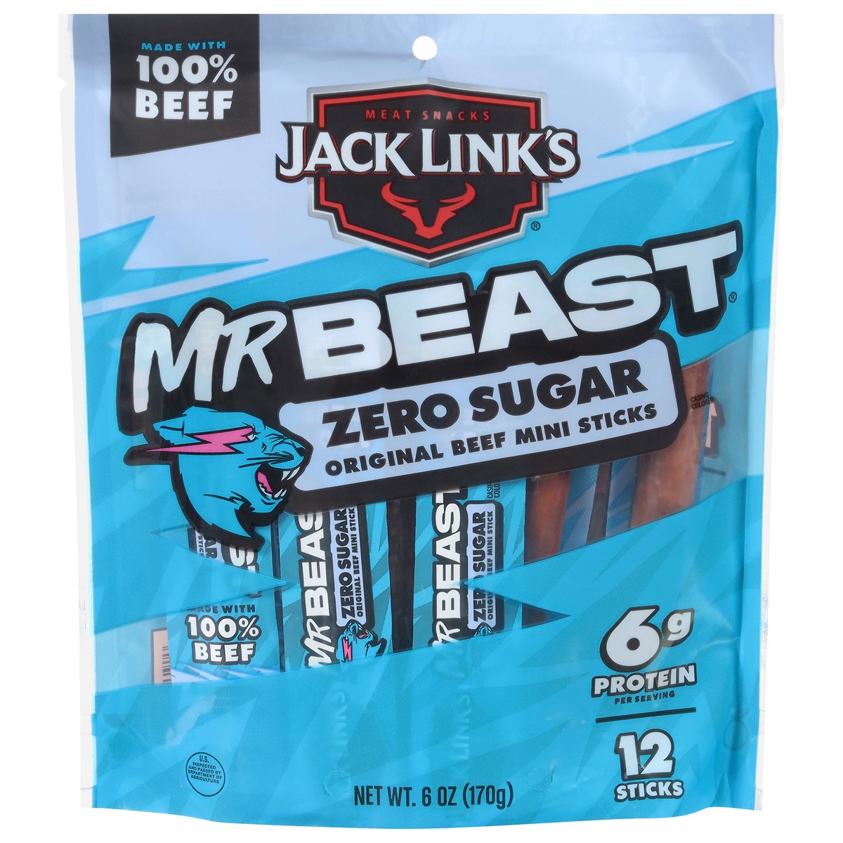 slide 1 of 13, Jack Link's x MrBeast Zero Sugar Mini Beef Sticks, 6 oz, 12 count 0.5 oz Sticks, 6 oz