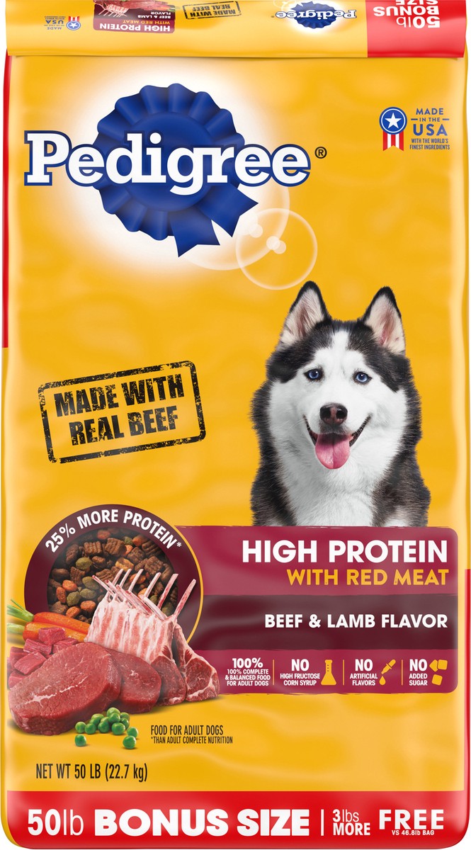 slide 2 of 12, PEDIGREE High Protein Adult Dry Dog Food Beef and Lamb Flavor Dog Kibble, 50 lb. Bonus Bag, 1 cnt