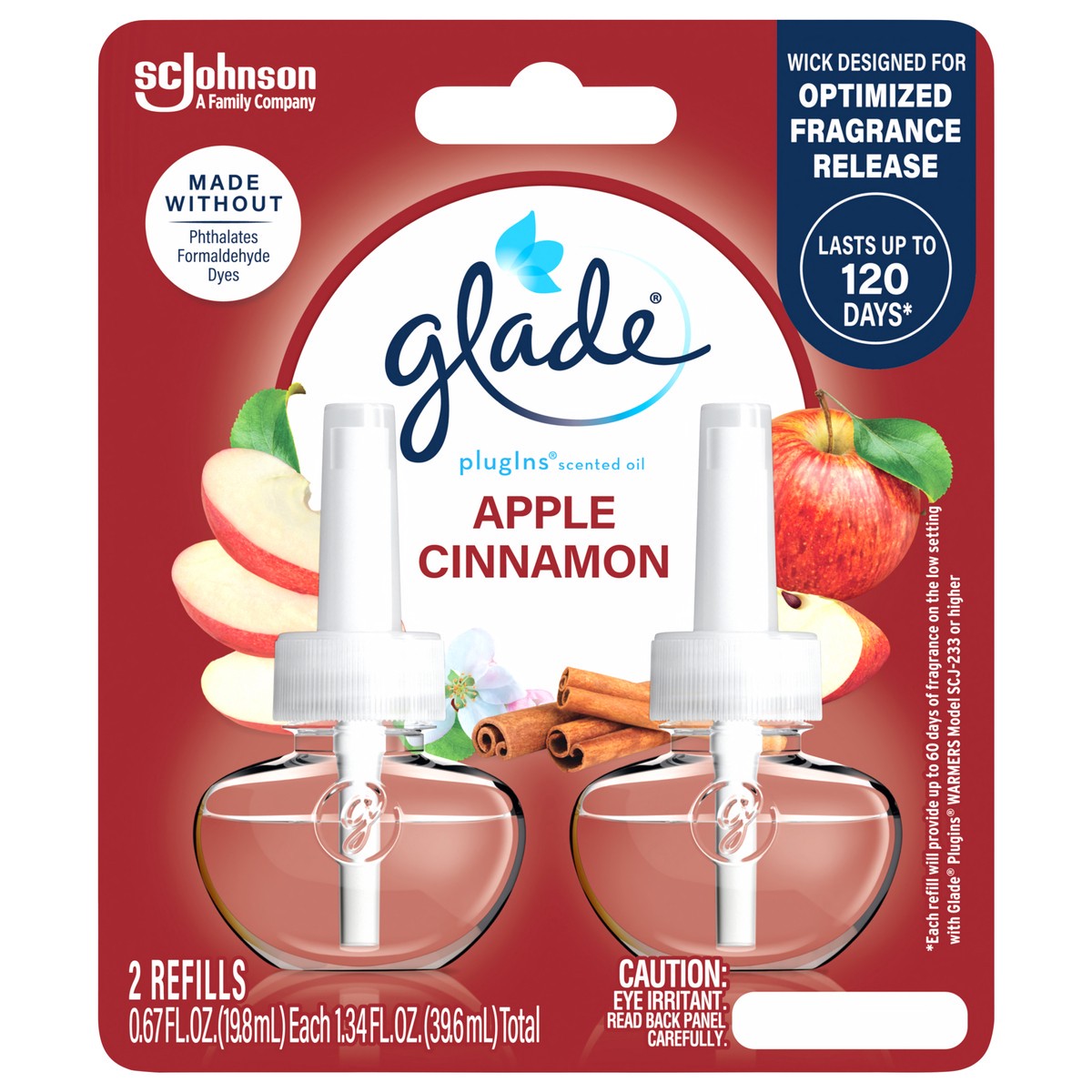 slide 1 of 5, Glade PlugIns Scented Oil 2 Refills, Air Freshener, Apple Cinnamon, Essential Oil Infused Wall Plug In, 1.34 FL OZ, Pack of 2, 2 ct