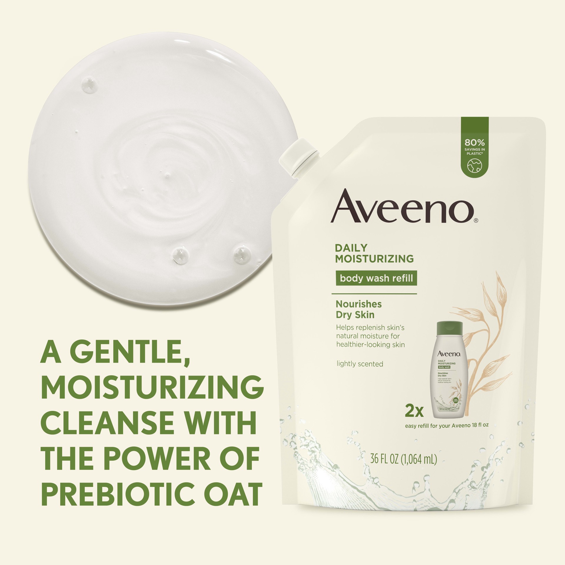 slide 5 of 9, Aveeno Daily Moisturizing Body Wash for Dry & Sensitive Skin with Prebiotic Oat, Hydrating Oat Body Wash Nourishes Dry Skin & Gently Cleanses, Light Fragrance, Sulfate-Free, 36 fl. oz, Refill Pack, 36 fl oz