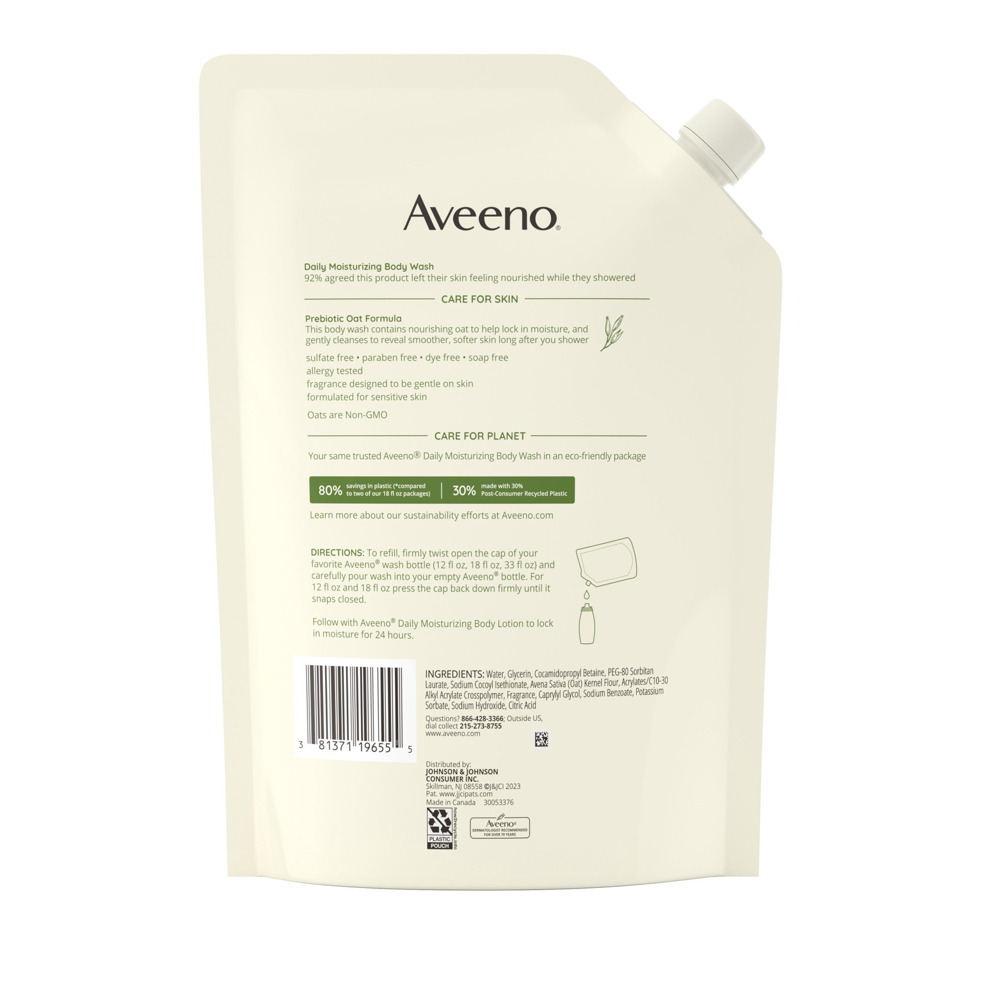 slide 3 of 9, Aveeno Daily Moisturizing Body Wash for Dry & Sensitive Skin with Prebiotic Oat, Hydrating Oat Body Wash Nourishes Dry Skin & Gently Cleanses, Light Fragrance, Sulfate-Free, 36 fl. oz, Refill Pack, 36 fl oz