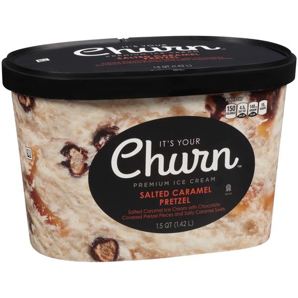 slide 1 of 1, It's Your Churn Salted Caramel Pretzel Premium Ice Cream With Chocolaty Covered Pretzel Pieces And Salty Caramel Swirls, 1.5 qt