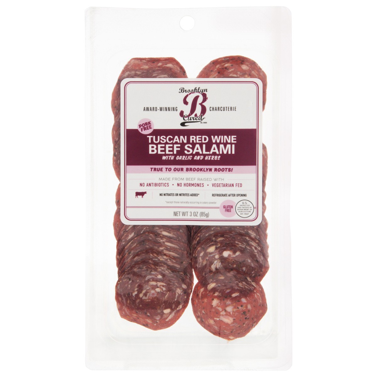 slide 2 of 14, Brooklyn Cured Tuscan Red Wine Beef Salami with Garlic and Herbs 3 oz, 3 oz