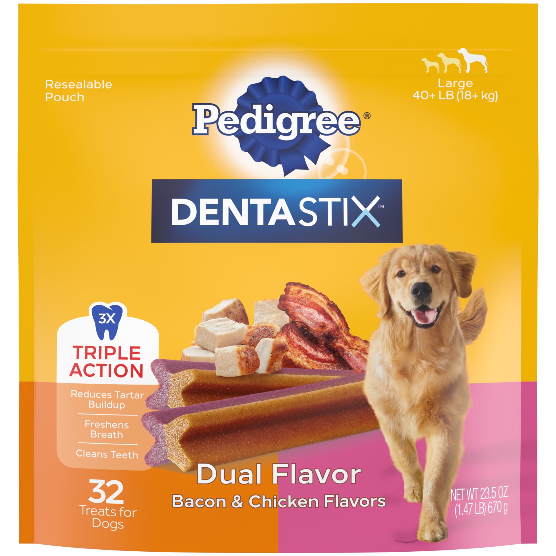 slide 1 of 1, Pedigree Dentastix Dual Flavor Large Dog Dental Treats, Bacon & Chicken Flavors Dental Bones, 1.47 lb