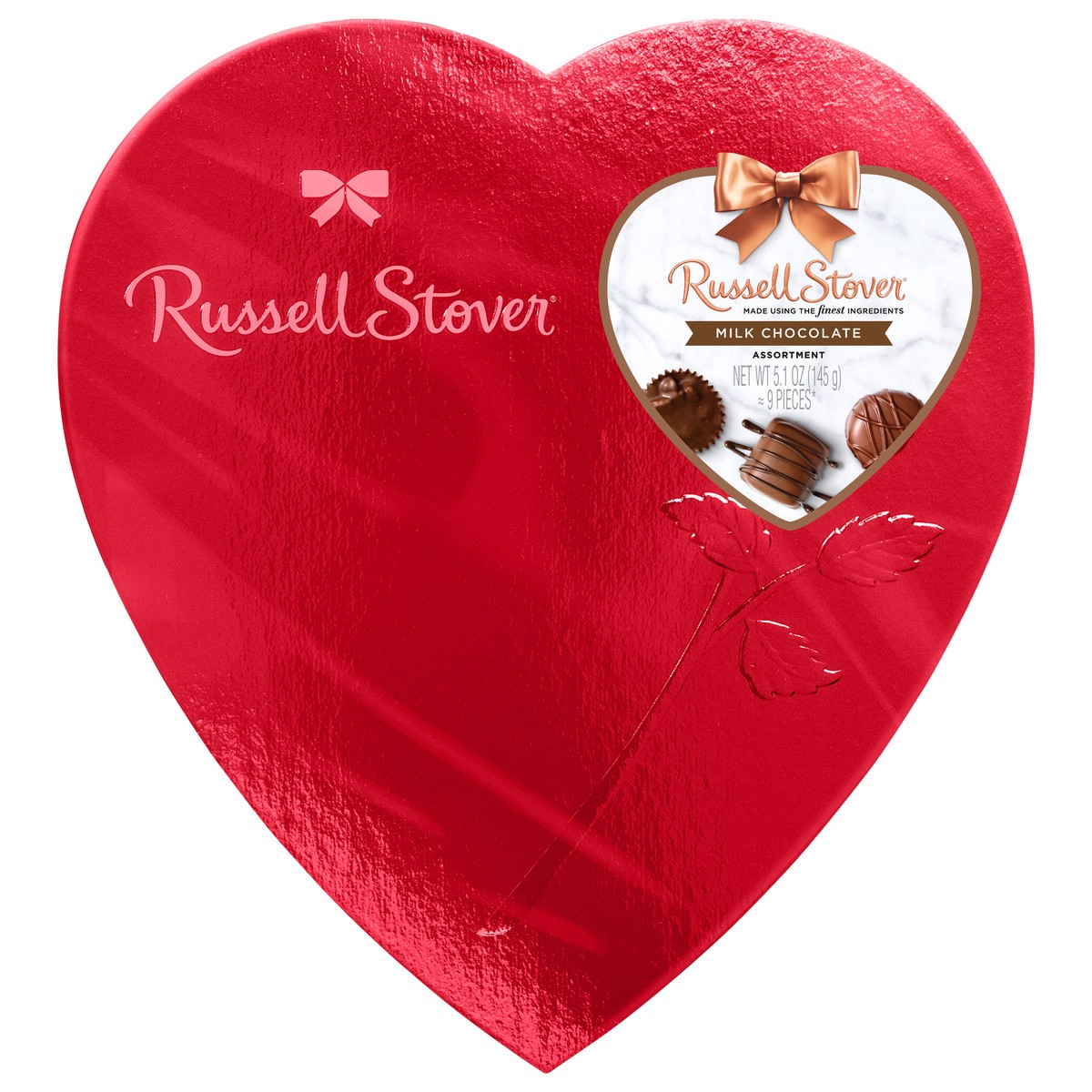 slide 7 of 11, RUSSELL STOVER Valentine's Day Red Foil Heart Milk Chocolate Assortment Gift Box, 5.1 oz. (˜ 9 pieces), 9 ct