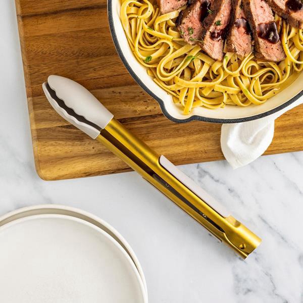 slide 1 of 1, Hy-Vee Seasons 12 In. Locking Tongs In Gold And Chateau Gray, 1 ct