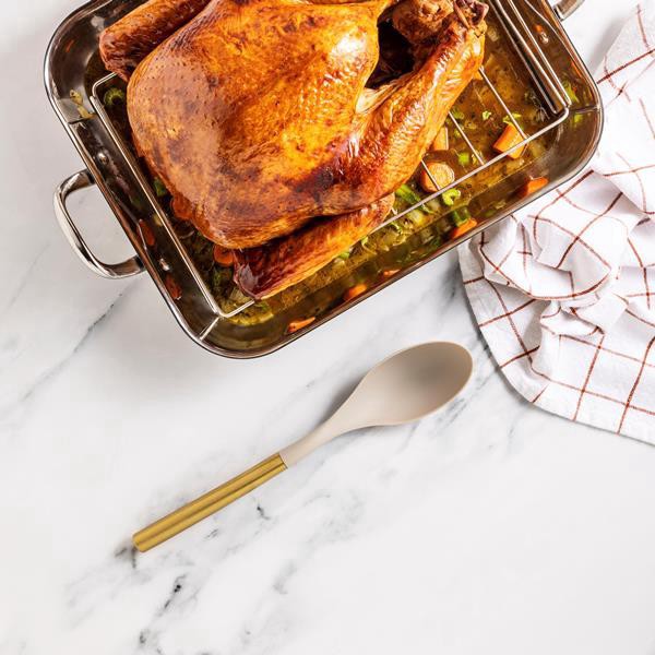 slide 1 of 1, Hy-Vee Seasons Nylon Basting Spoon In Gold And Chateau Gray, 1 ct