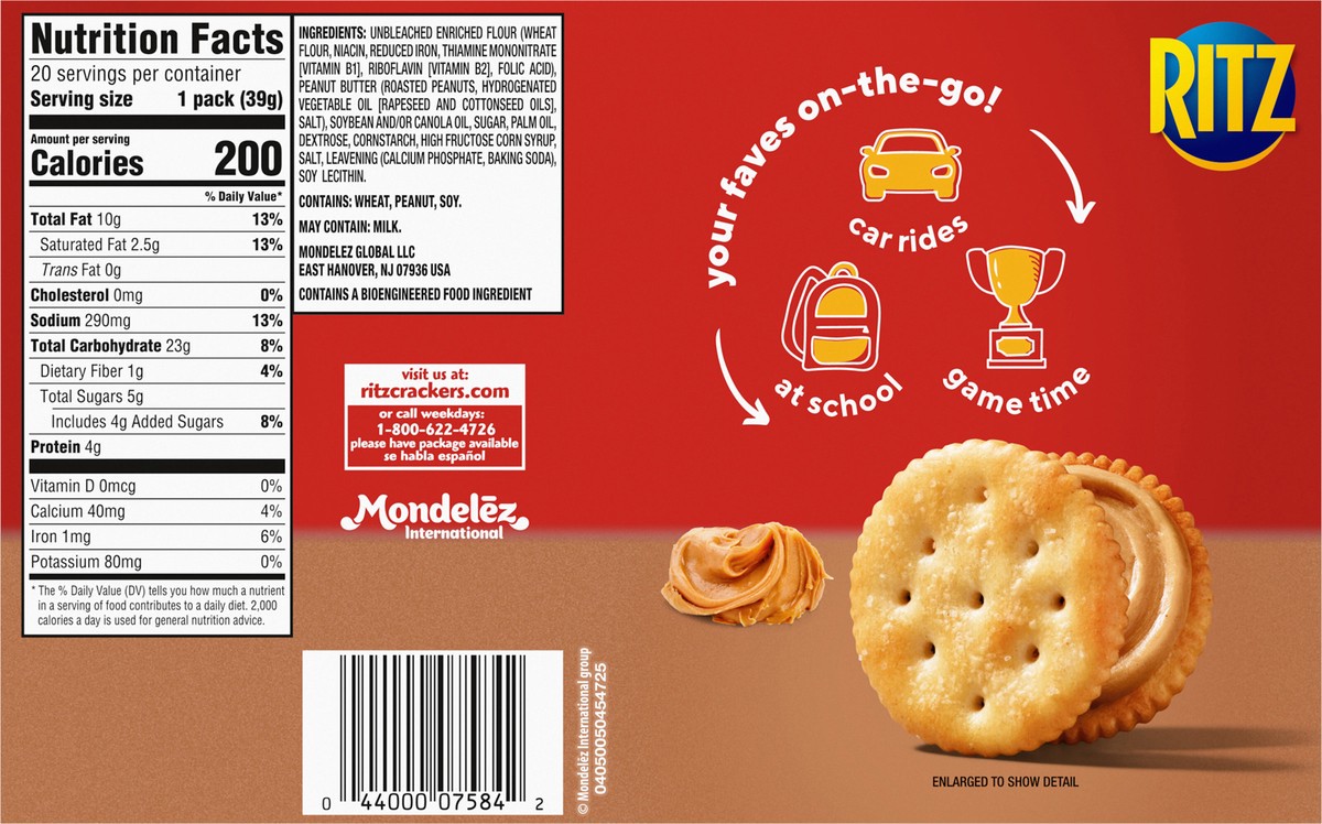 slide 7 of 14, RITZ Peanut Butter Sandwich Crackers, Lunch Snacks, 20 Snack Packs (6 Crackers Per Pack), 20 ct