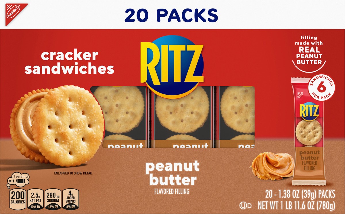 slide 2 of 14, RITZ Peanut Butter Sandwich Crackers, Lunch Snacks, 20 Snack Packs (6 Crackers Per Pack), 20 ct