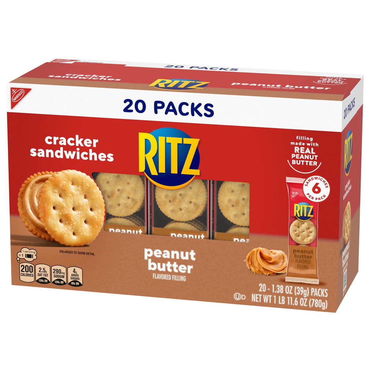 slide 4 of 14, RITZ Peanut Butter Sandwich Crackers, Lunch Snacks, 20 Snack Packs (6 Crackers Per Pack), 20 ct
