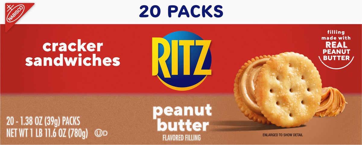 slide 3 of 14, RITZ Peanut Butter Sandwich Crackers, Lunch Snacks, 20 Snack Packs (6 Crackers Per Pack), 20 ct