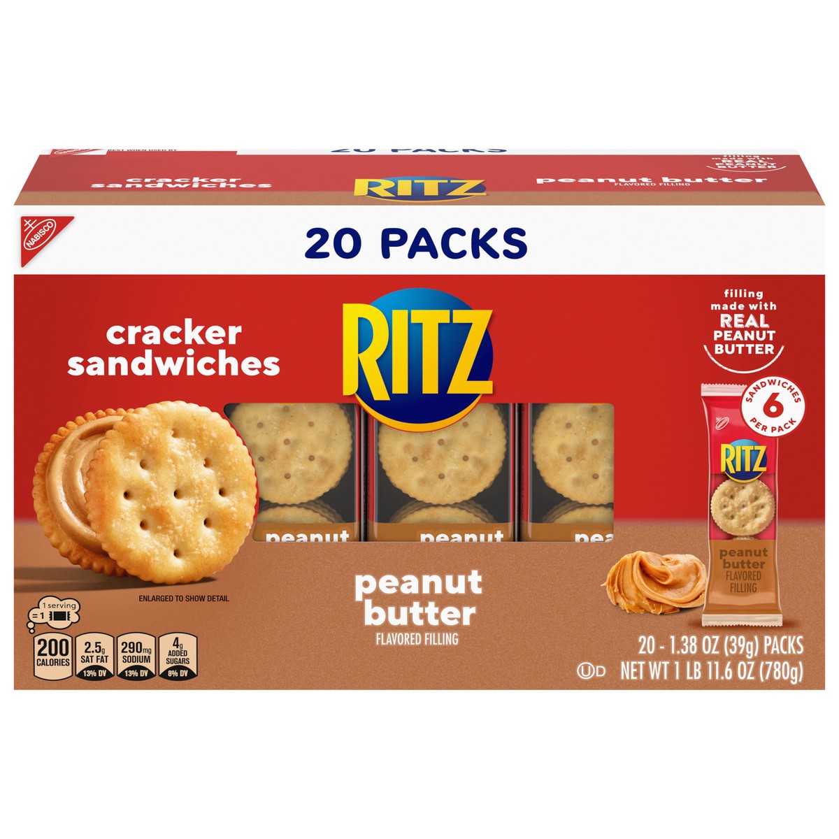 slide 14 of 14, RITZ Peanut Butter Sandwich Crackers, Lunch Snacks, 20 Snack Packs (6 Crackers Per Pack), 20 ct
