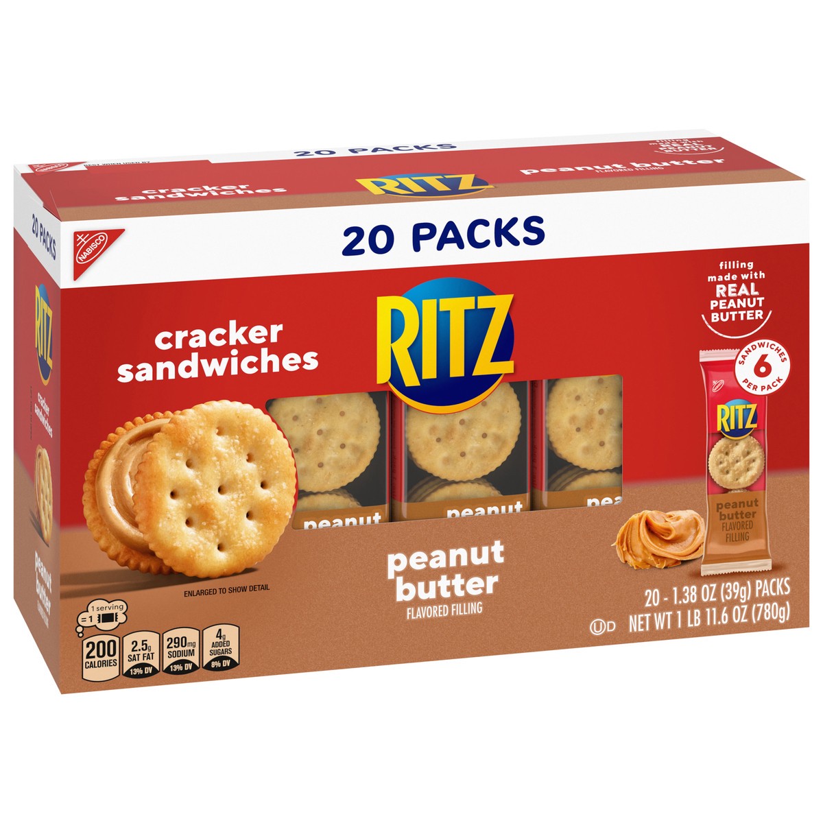 slide 5 of 14, RITZ Peanut Butter Sandwich Crackers, Lunch Snacks, 20 Snack Packs (6 Crackers Per Pack), 20 ct