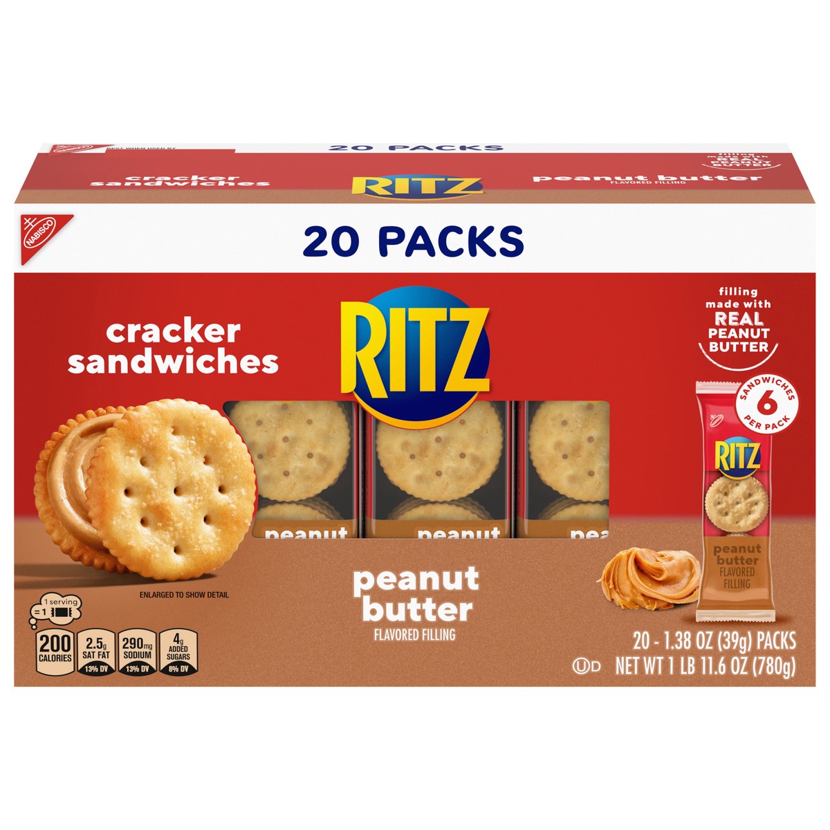 slide 1 of 14, RITZ Peanut Butter Sandwich Crackers, Lunch Snacks, 20 Snack Packs (6 Crackers Per Pack), 20 ct